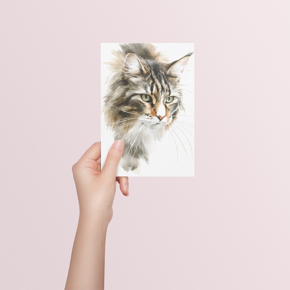 Watercolor Maine Coon Cat Illustration Wall Art Print Unframed - Picture 6 of 7